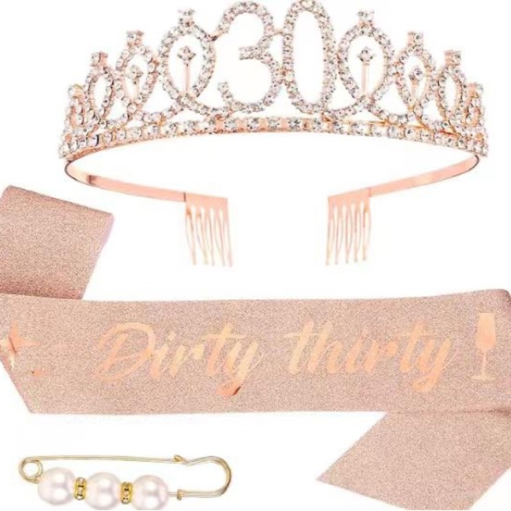 Dirty Thirty, Birthday Tiara and Glitter Sash, Rhinestone Crown for Queens.